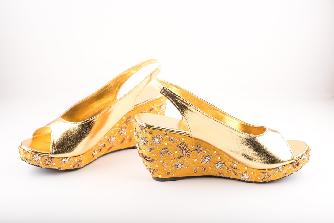 Women's Yellow Jardosi Jaal Peep-Toe Wedges - The Shoe Tales - Indiakreations