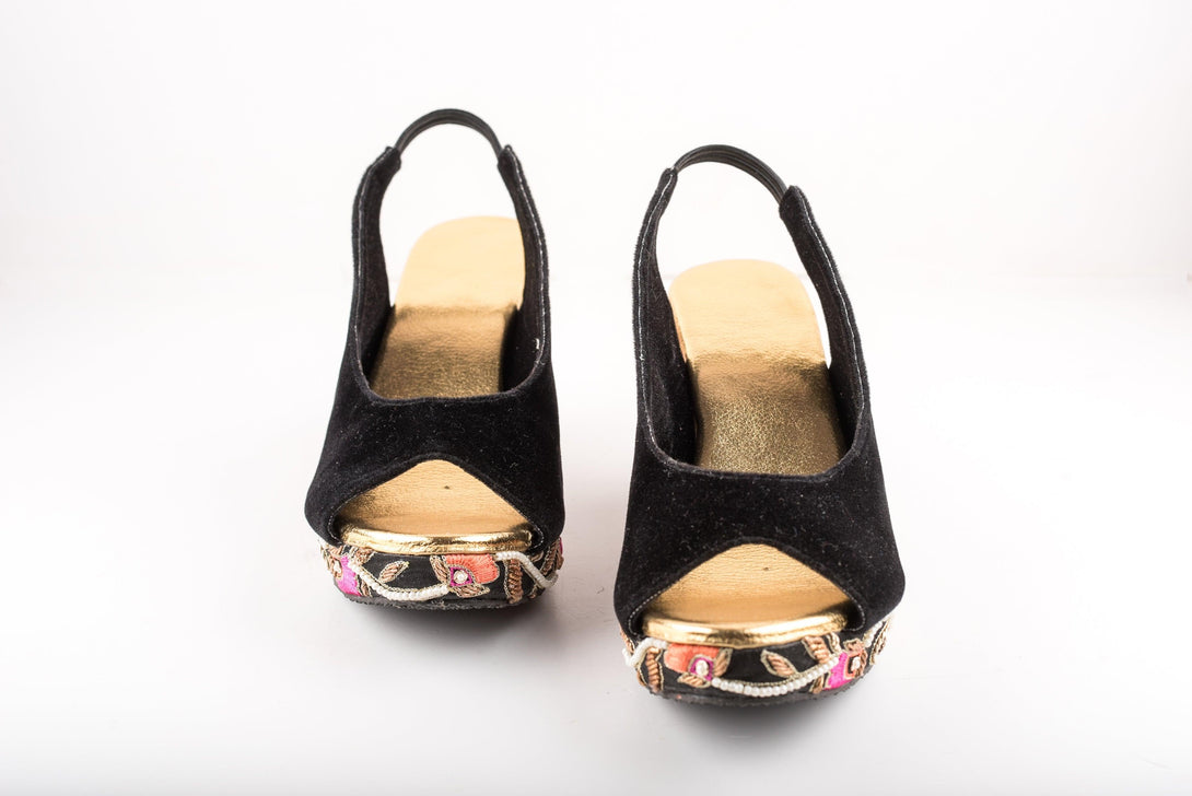 Women's Black Multicolor Embroidered Peep-Toe Wedges - The Shoe Tales - Indiakreations