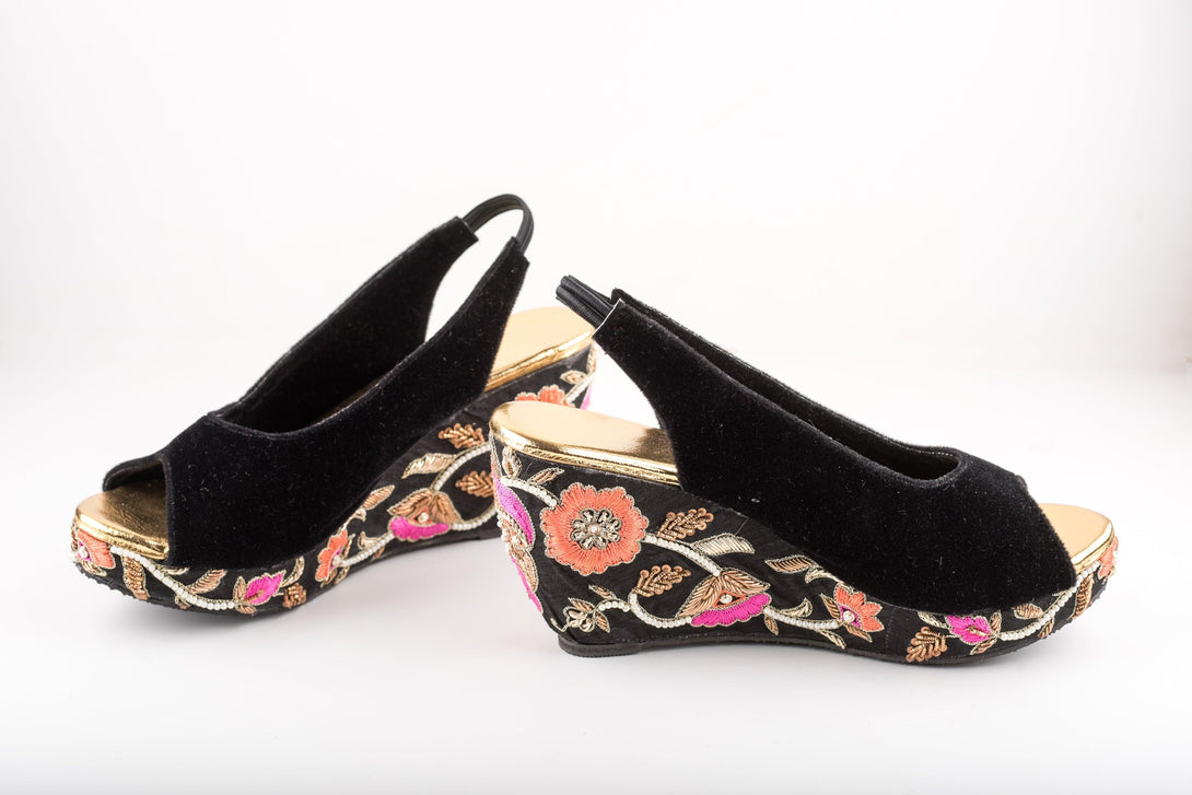 Women's Black Multicolor Embroidered Peep-Toe Wedges - The Shoe Tales - Indiakreations