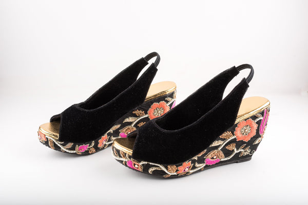 Women's Black Multicolor Embroidered Peep-Toe Wedges - The Shoe Tales - Indiakreations