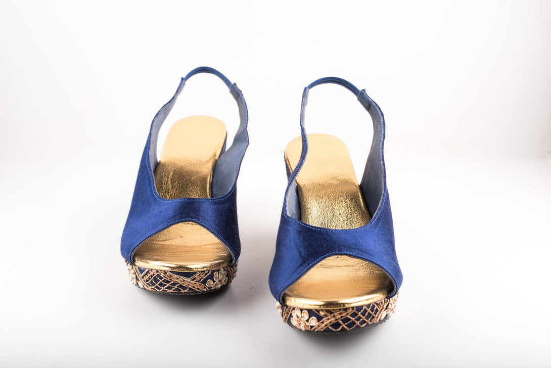 Women's Navy Blue Checks Embroidered Peep-Toe Wedges - The Shoe Tales - Indiakreations