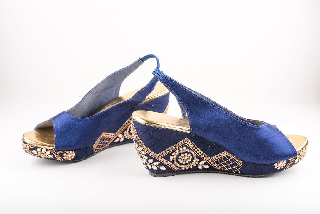 Women's Navy Blue Checks Embroidered Peep-Toe Wedges - The Shoe Tales - Indiakreations