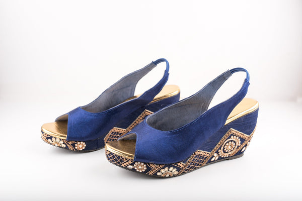 Women's Navy Blue Checks Embroidered Peep-Toe Wedges - The Shoe Tales - Indiakreations