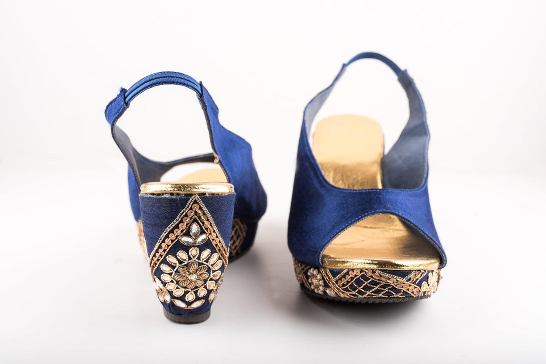 Women's Navy Blue Checks Embroidered Peep-Toe Wedges - The Shoe Tales - Indiakreations