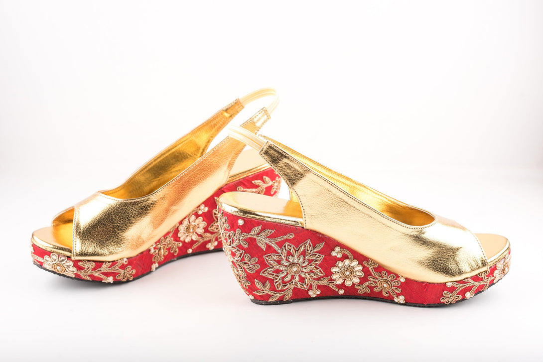 Women's Red And Golden Kundan Embroidered Peep Toe Wedges - The Shoe Tales - Indiakreations