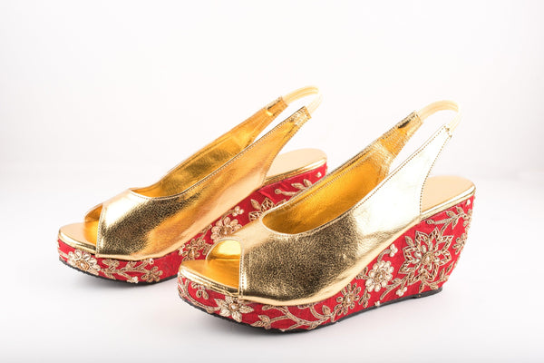 Women's Red And Golden Kundan Embroidered Peep Toe Wedges - The Shoe Tales - Indiakreations