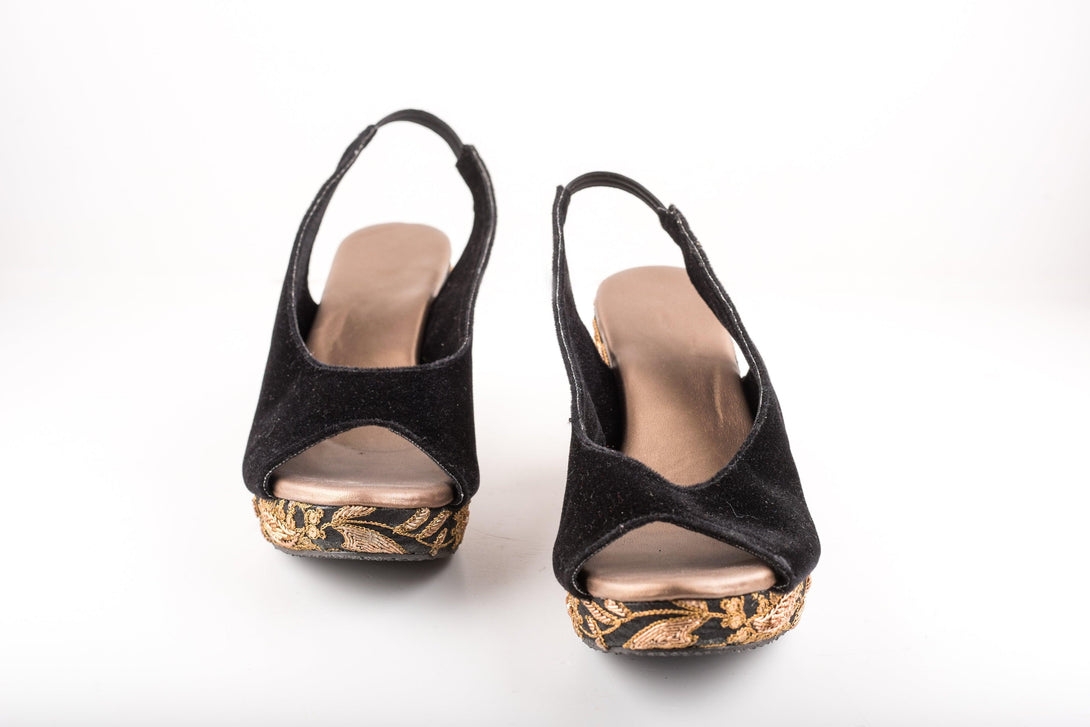 Women's Black Velvet Jardosi Embroidered Heels - The Shoe Tales - Indiakreations