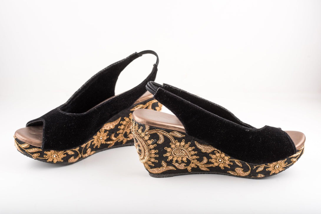 Women's Black Velvet Jardosi Embroidered Heels - The Shoe Tales - Indiakreations