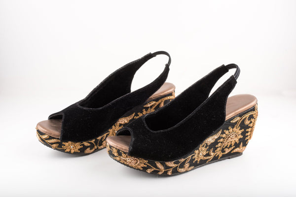 Women's Black Velvet Jardosi Embroidered Heels - The Shoe Tales - Indiakreations