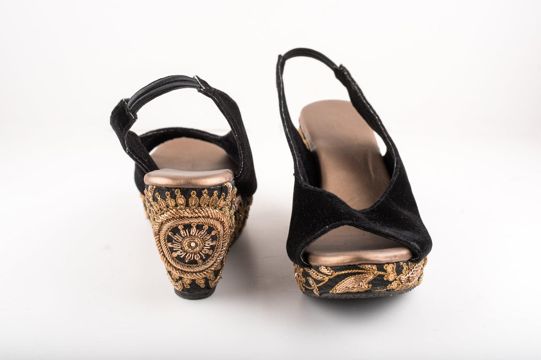 Women's Black Velvet Jardosi Embroidered Heels - The Shoe Tales - Indiakreations