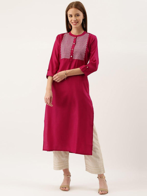 Women Pink & Silver-Toned Embroidered Straight Kurta - Indiakreations