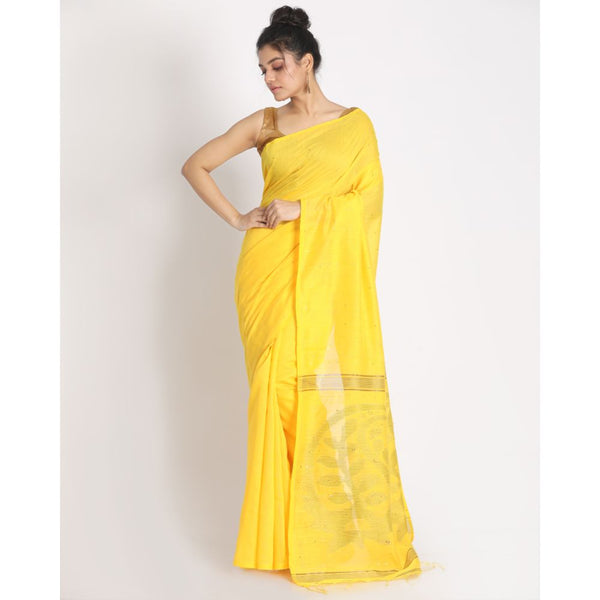 Women's Yellow Hand Woven Cotton Silk Jamdani Saree - Piyari Fashion