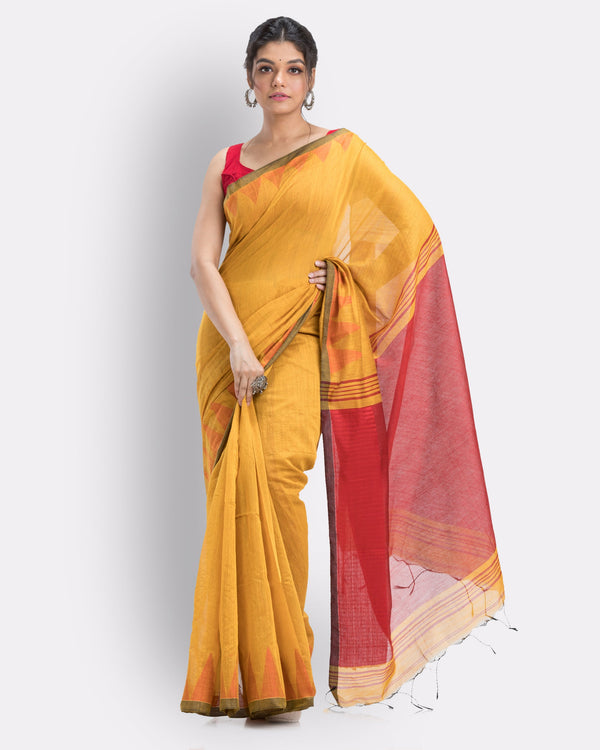 Women's Yellow Cotton Blend Handloom Saree - Piyari Fashion