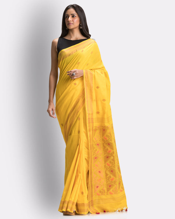 Women's Yellow Handloom Cotton Tangail Saree - Piyari Fashion