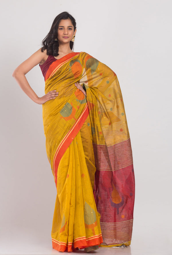 Women's Yellow Cotton Blend Handloom Jamdani Saree - Piyari Fashion