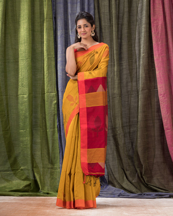 Women's Yellow Cotton Blend Handloom Jamdani Saree - Piyari Fashion