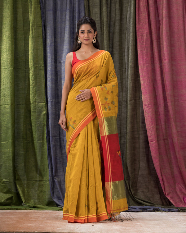 Women's Yellow Cotton Blend Handloom Jamdani Saree - Piyari Fashion