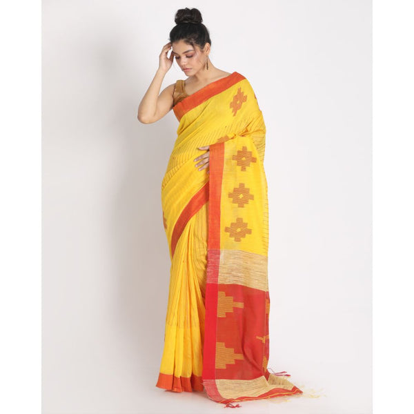 Women's Yellow Cotton Blend Handloom Saree - Piyari Fashion