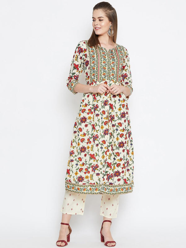 Women's Cream-Coloured Green Printed Kurta with Trousers - NOZ2TOZ - Indiakreations