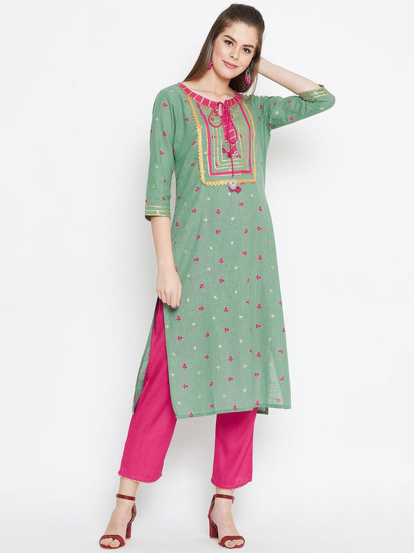 Women's Green Pink Embroidered Kurta with Trousers - NOZ2TOZ - Indiakreations