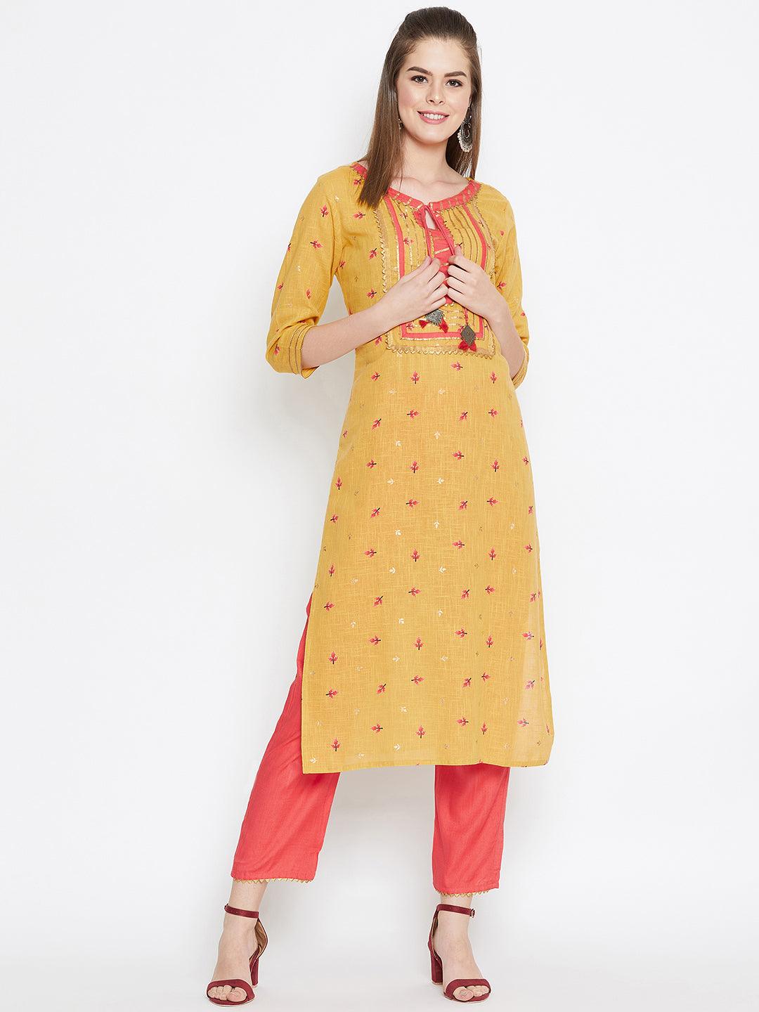 Women's Yellow Peach-Coloured Printed Kurta with Trousers - NOZ2TOZ - Indiakreations