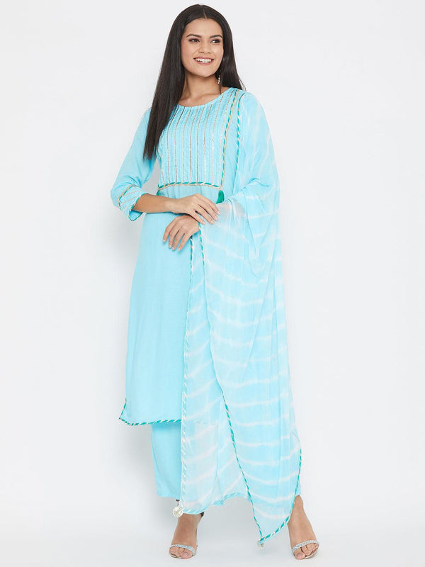 Women's Blue Yoke Design Kurta with Palazzos Dupatta - NOZ2TOZ - Indiakreations