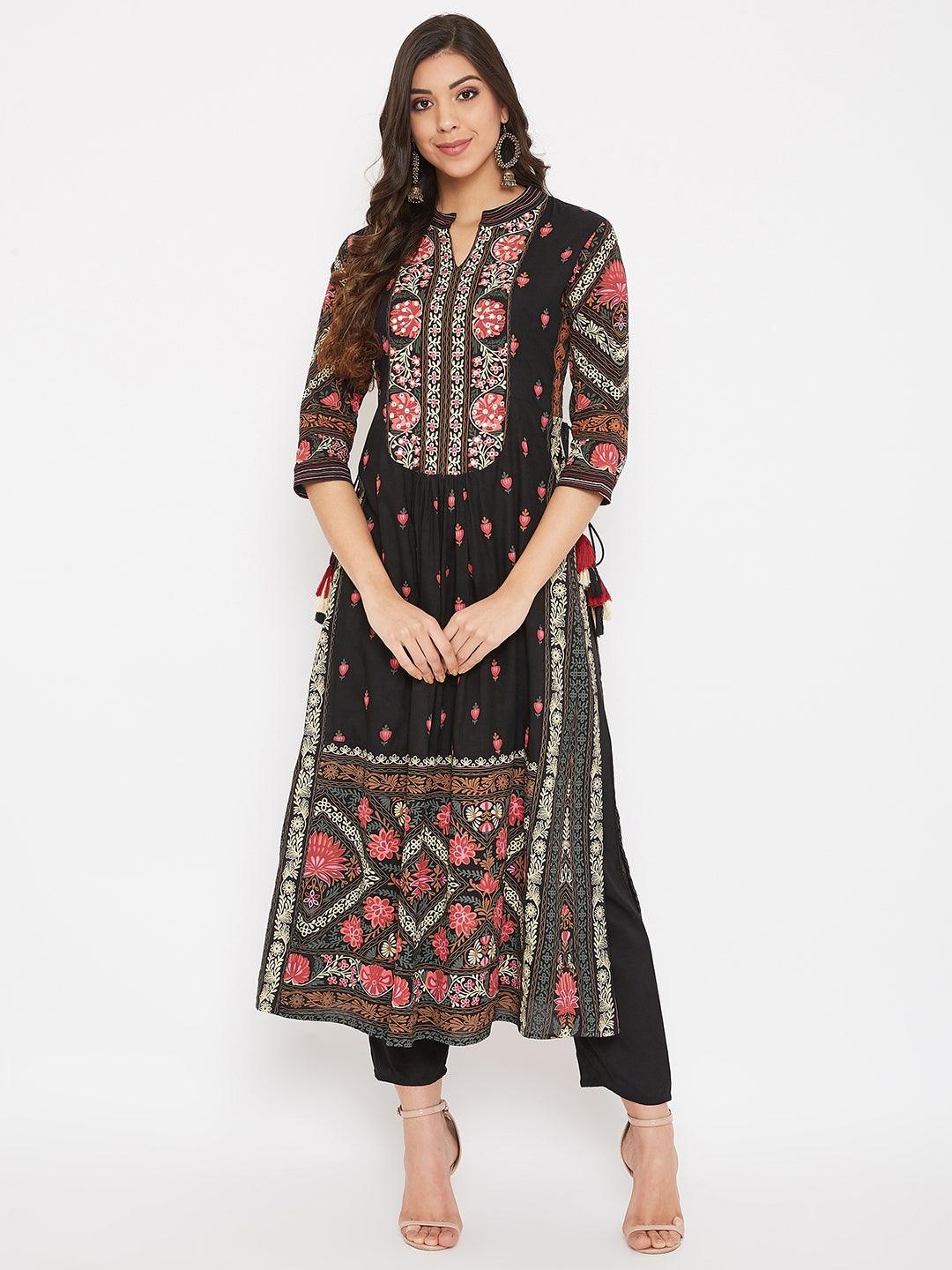 Women's Black Pink Floral Printed Kurta with Trousers - NOZ2TOZ - Indiakreations