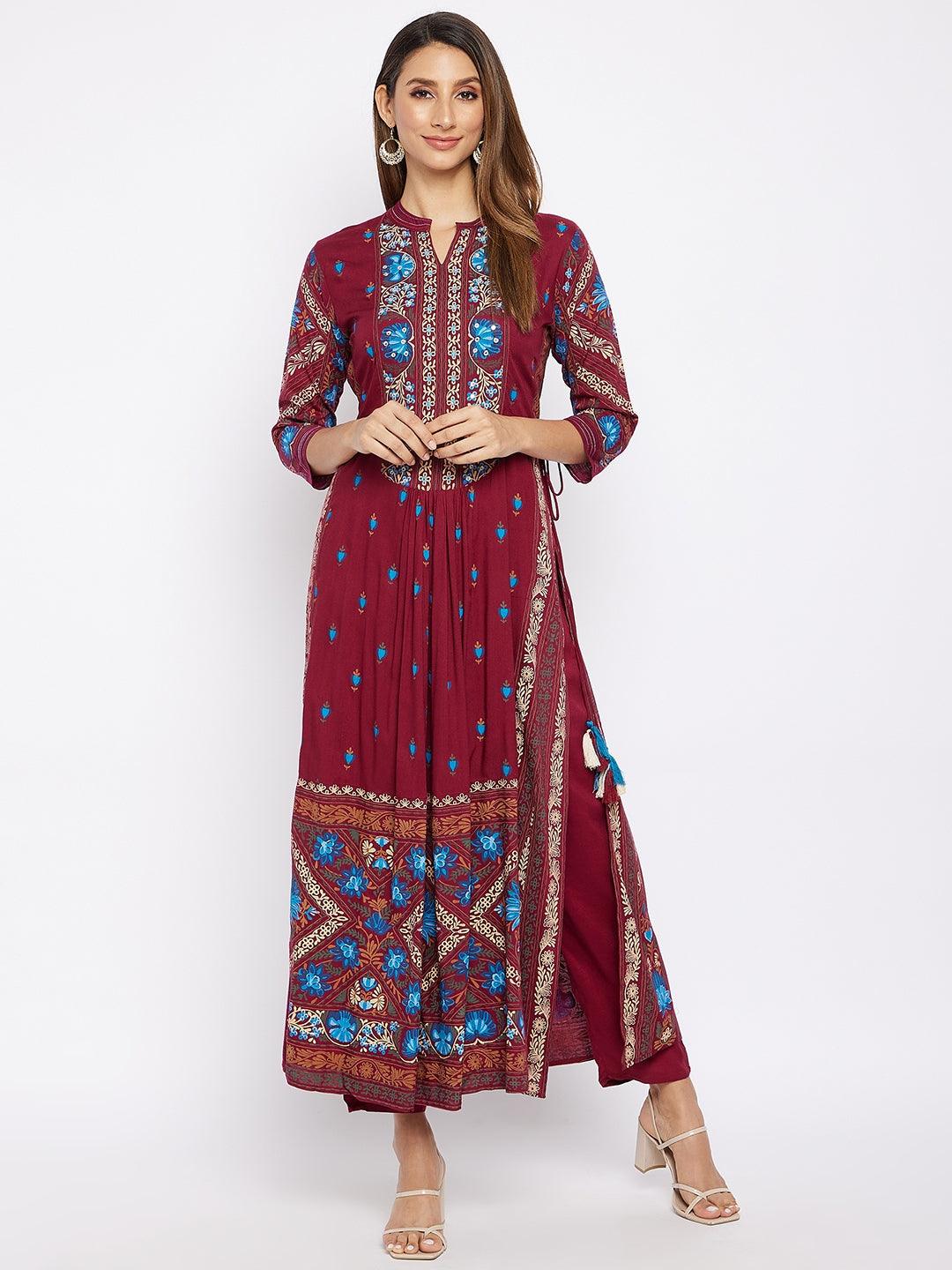 Women's Maroon Ethnic Motifs Printed Pleated Kurta with Trousers - NOZ2TOZ - Indiakreations