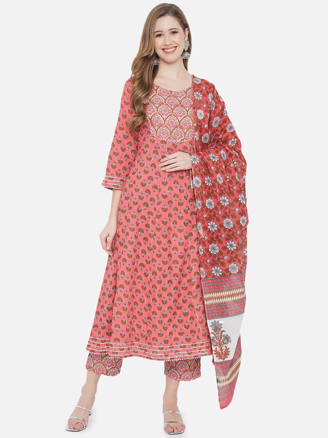 Women's Coral Floral Printed Pure Cotton Kurta with Trousers With Dupatta - NOZ2TOZ - Indiakreations