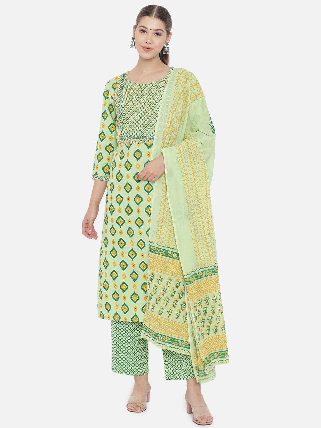 Women's Green Ethnic Motifs Printed Kurta with Trousers Dupatta - NOZ2TOZ - Indiakreations