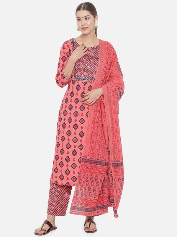 Women's Pink Geometric Printed Kurta With Palazzos Dupatta - NOZ2TOZ - Indiakreations