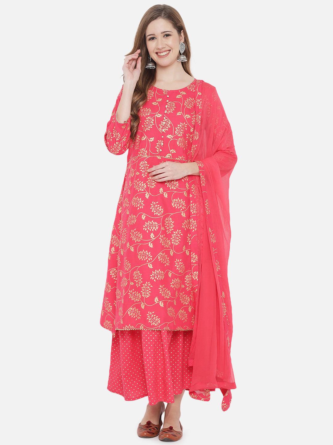 Women's Printed Motifs Kurta with Palazzos & Dupatta - NOZ2TOZ - Indiakreations