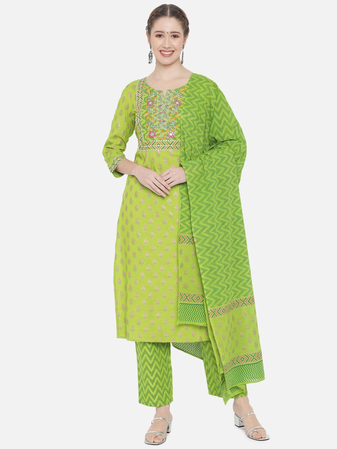 Women's Green Ethnic Motifs Printed Thread Work Kurta with Trousers Dupatta - NOZ2TOZ - Indiakreations