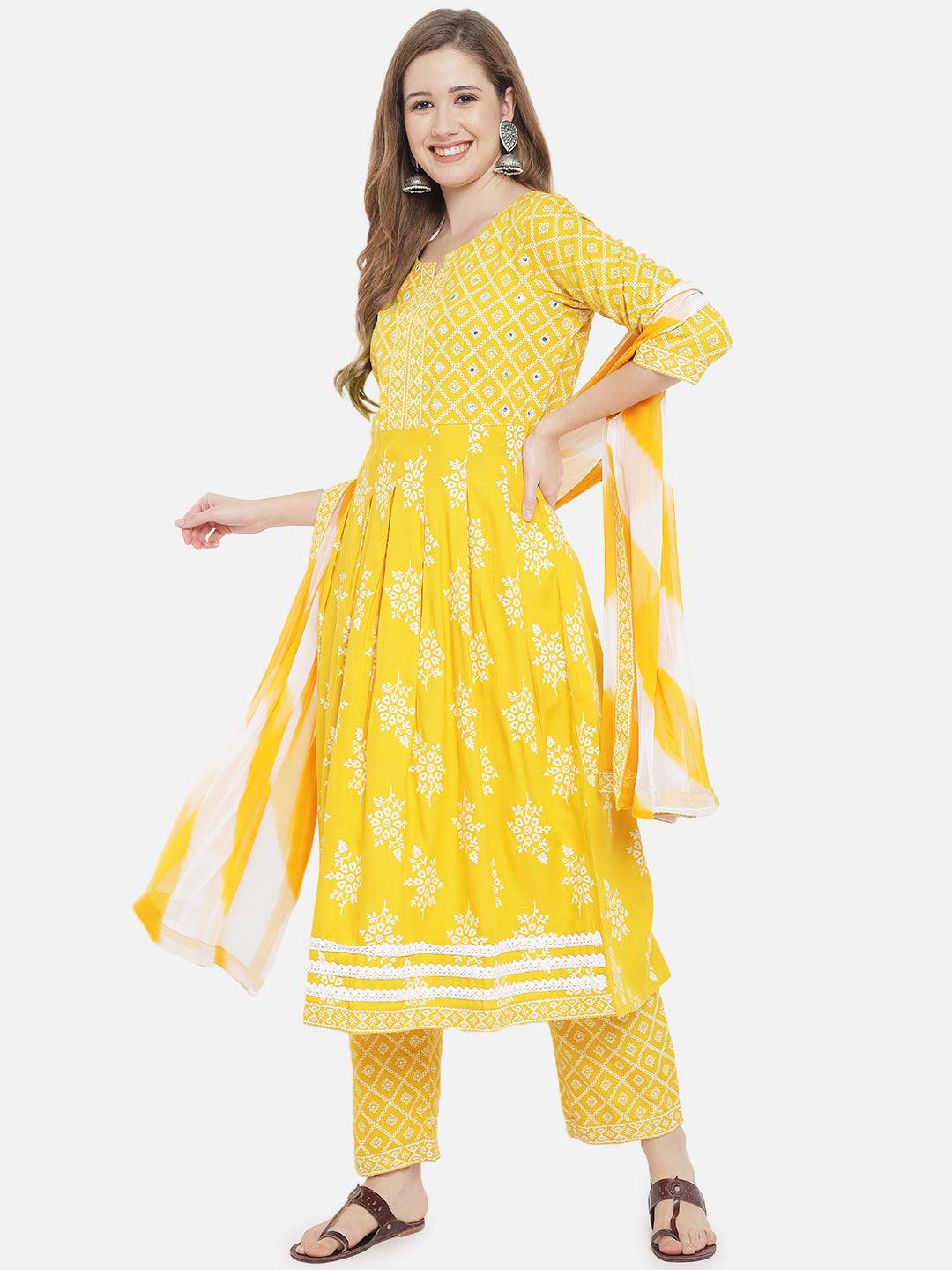 Women's Yellow Ethnic Motifs Printed Pleated Kurta with Trousers With Dupatta - NOZ2TOZ - Indiakreations