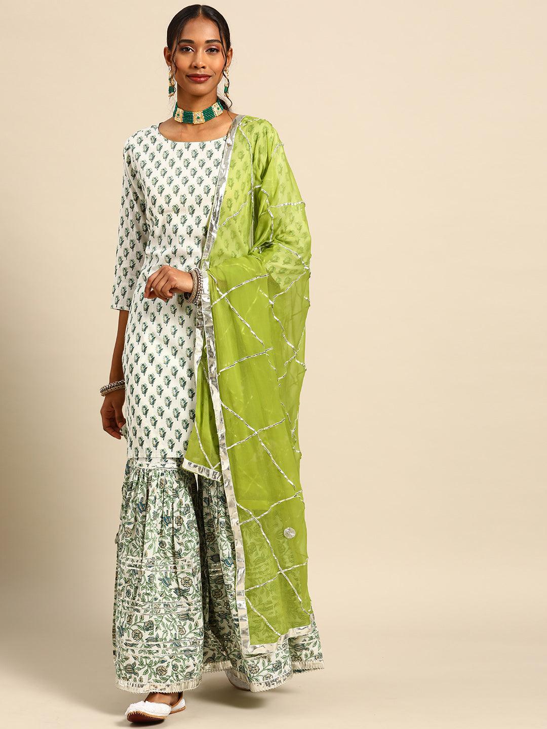 Women's White Green Pure Cotton Printed Gotta Patti Kurta Set Dupatta - NOZ2TOZ - Indiakreations