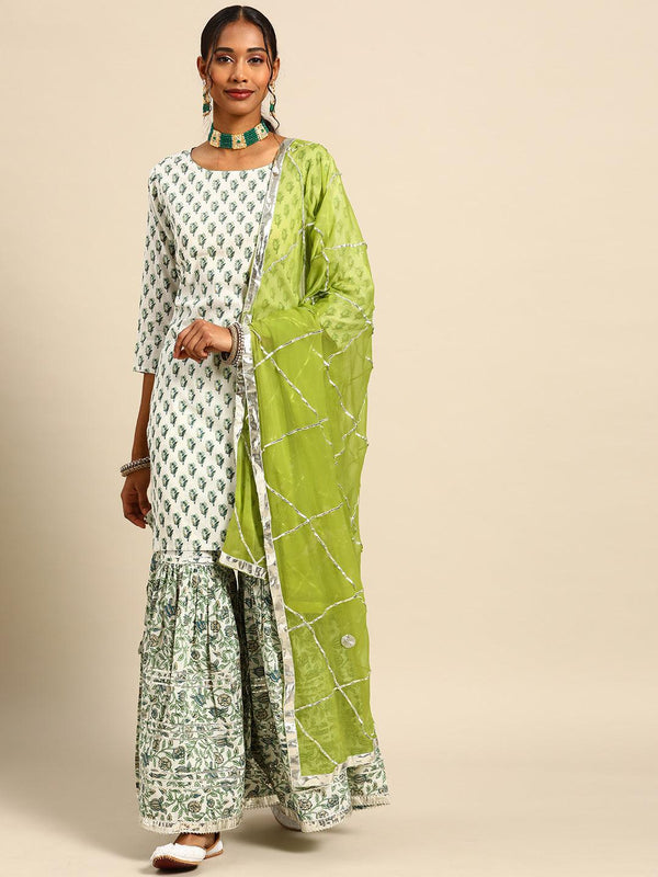 Women's White Green Pure Cotton Printed Gotta Patti Kurta Set Dupatta - NOZ2TOZ - Indiakreations