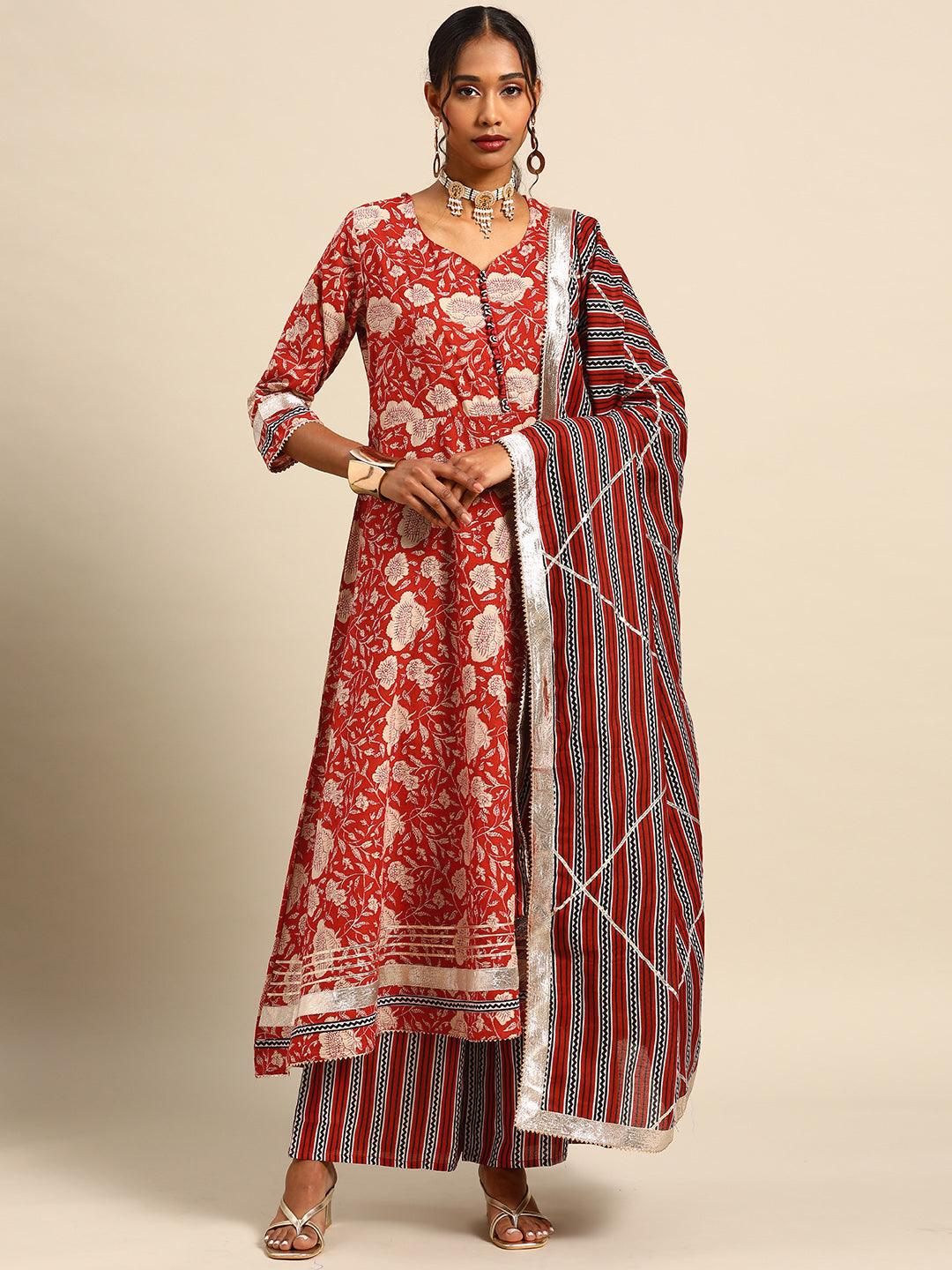 Women's Red Printed Pure Cotton Kurta with Palazzos With Dupatta - NOZ2TOZ - Indiakreations