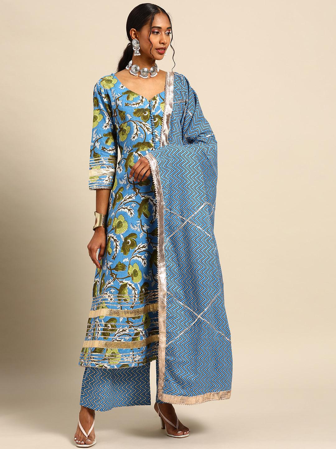 Women's Blue Pure Cotton Ethnic Motifs Printed Gotta Patti Kurta Set Dupatta - NOZ2TOZ - Indiakreations