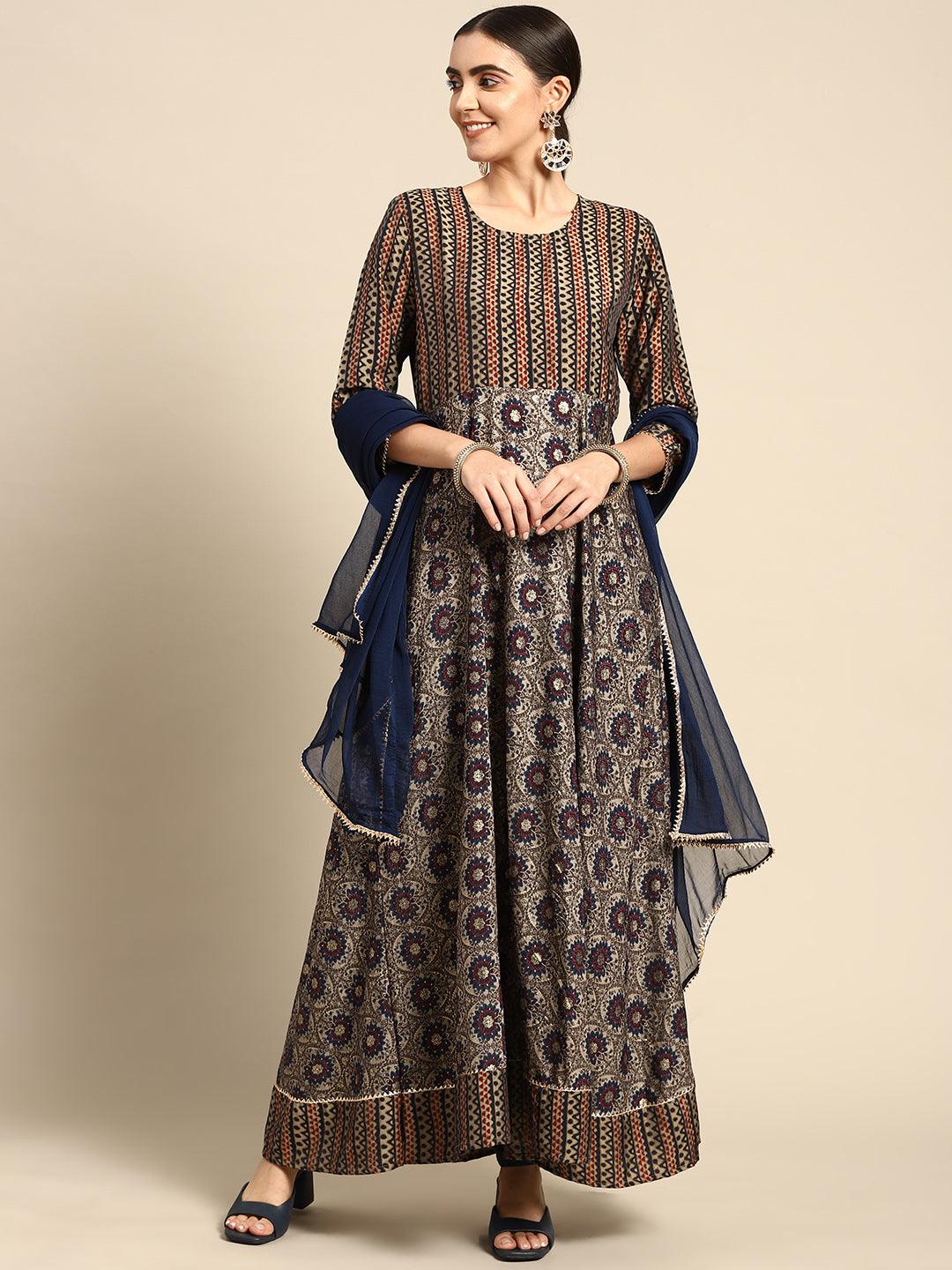 Women's Blue Beige Muslin Ethnic Motifs Print Anarkali Kurta - NOZ2TOZ - Indiakreations