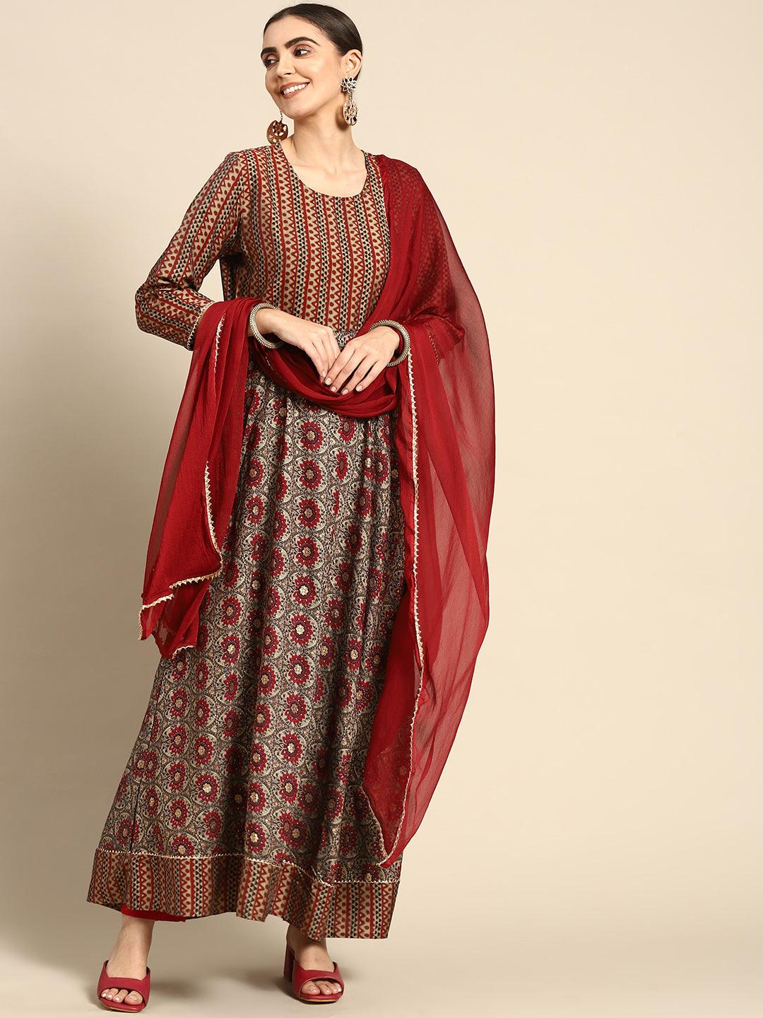 Women's Maroon Beige Muslin Ethnic Motifs Print Anarkali Kurta - NOZ2TOZ - Indiakreations