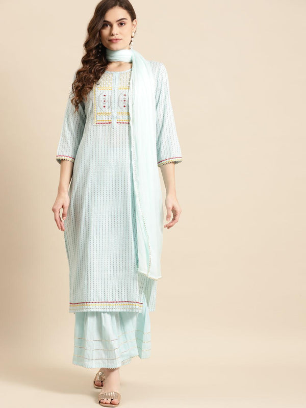 Women's Turquoise Blue Embroidered Kurta with Sharara With Dupatta - NOZ2TOZ - Indiakreations