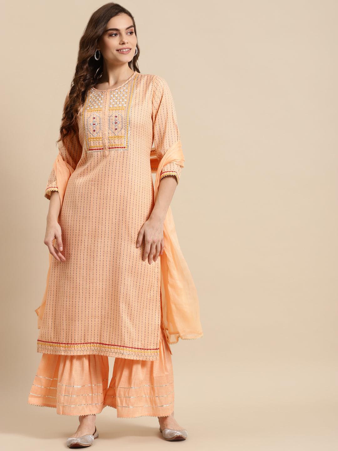 Women's Peach Colour Ethnic Embroidered Kurta with Sharara With Dupatta - NOZ2TOZ - Indiakreations