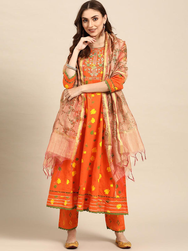 Women's Orange Ethnic Embroidered Pure Cotton Kurta with Trousers Dupatta - NOZ2TOZ - Indiakreations