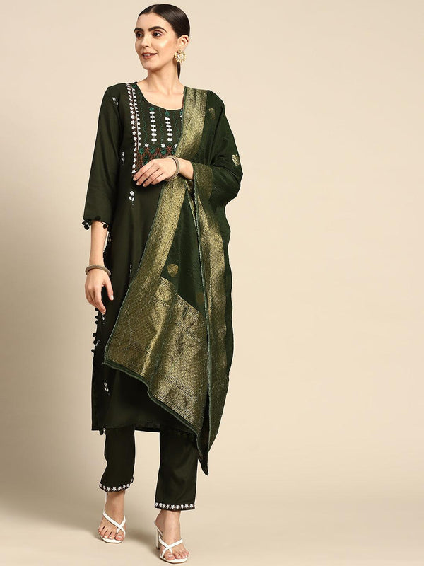 Women's Green Ethnic Motifs Embroidered Kurta with Palazzos With Dupatta - NOZ2TOZ - Indiakreations