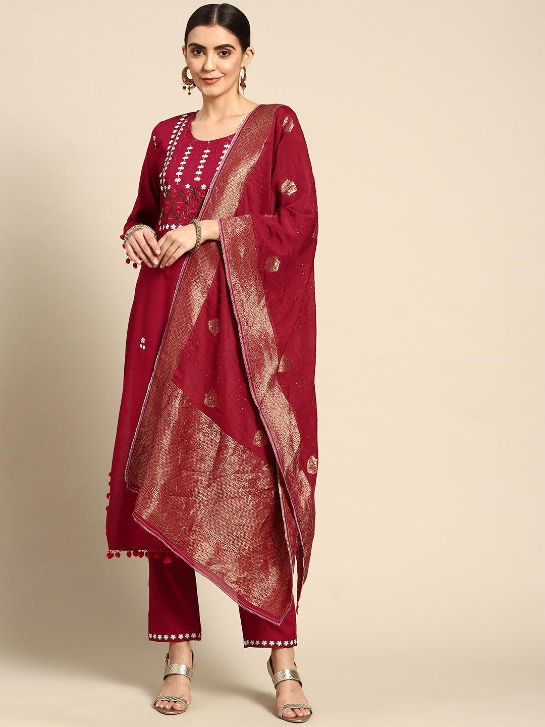 Women's Red Ethnic Motifs Embroidered Kurta with Palazzos With Dupatta - NOZ2TOZ - Indiakreations