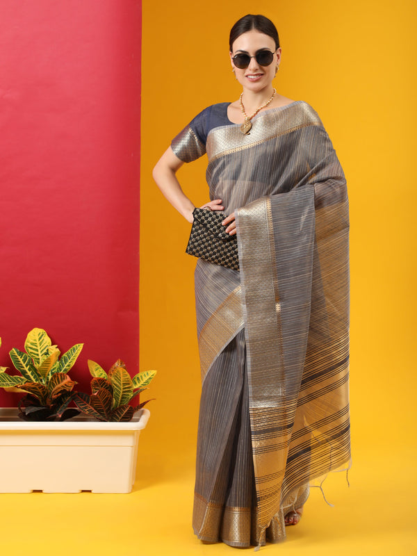 Women's Blue Woven Tissue Linen Saree With Tassels - Vishnu Weaves