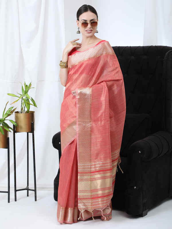 Women's Gajri Woven Tissue Linen Saree With Tassels - Vishnu Weaves