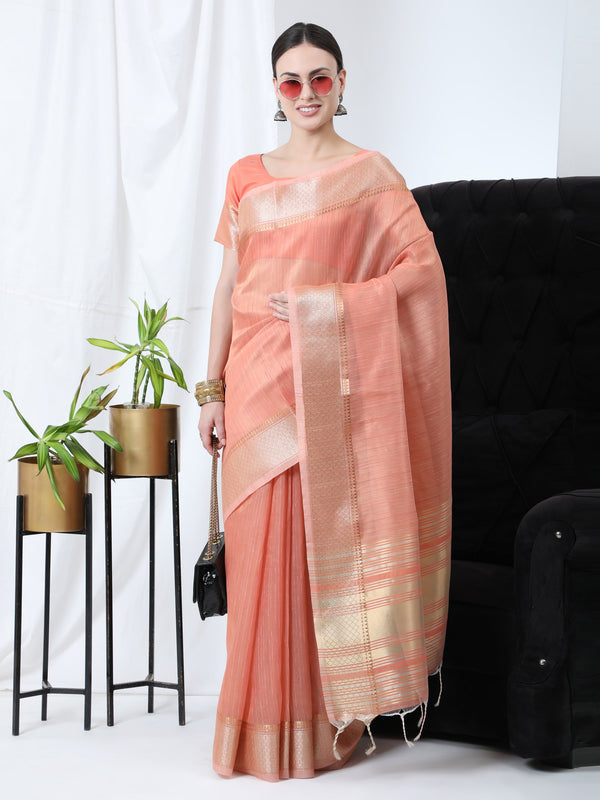 Women's Orange Woven Tissue Linen Saree With Tassels - Vishnu Weaves