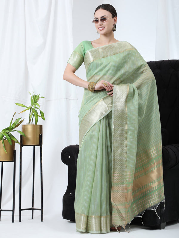 Women's Sea Green Woven Tissue Linen Saree With Tassels - Vishnu Weaves