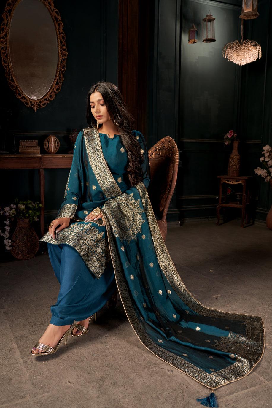 Teal Woven Straight Cut Palazzo Suit - Indiakreations